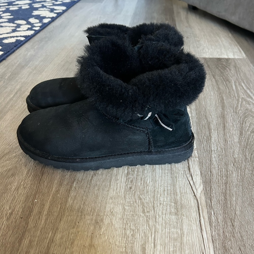 UGG Black Ankle Booties with Fur Trim